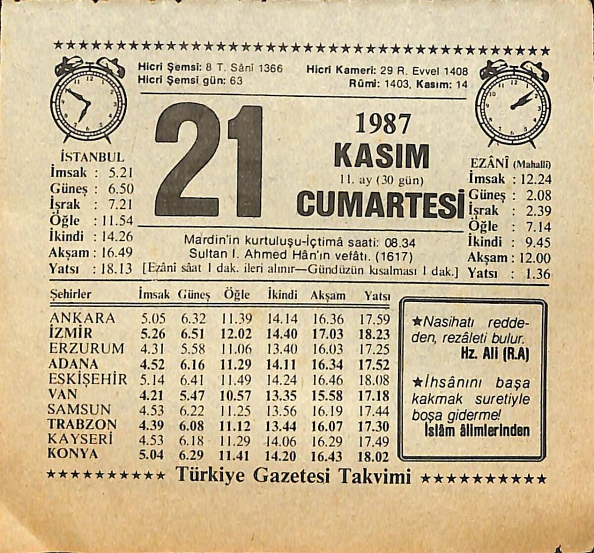 21 Kasım 1987 Takvim Yaprağı - Doğum Günü Hediyesi EFMN15020 - 1