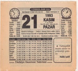 21 Kasım 1993 Takvim Yaprağı EFM(N)3875 - 3