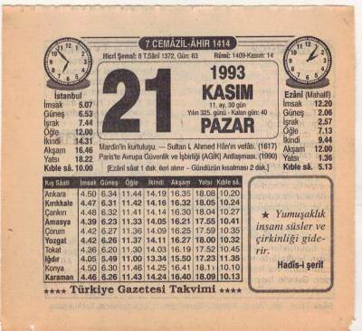 21 Kasım 1993 Takvim Yaprağı EFM(N)3875 - 1