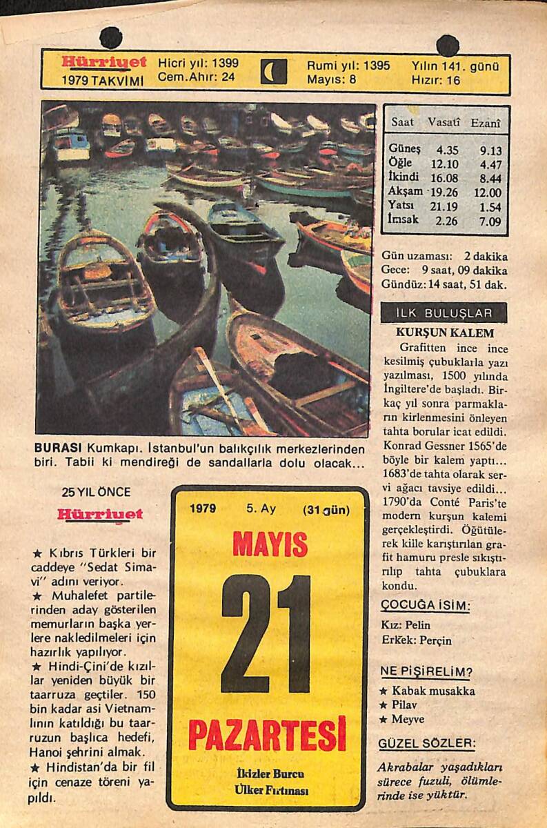 21 Mayıs 1979 Takvim Yaprağı - Doğum Günü Hediyesi EFMN14481 - 1