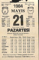 21 Mayıs 1984 Takvim Yaprağı - Doğum Günü Hediyesi EFM(N)11463 - Gökçekoleksiyon