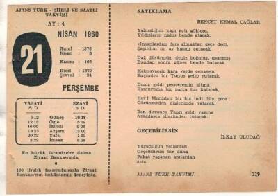 21 Nisan 1960 Ajans Türk Takvim Yaprağı (Şiirli Saatli) EFM(N)1578 - 4