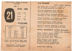 21 Ocak 1960 Ajans Türk Takvim Yaprağı(Şiirli Saatli) EFM(N)1099 - 5
