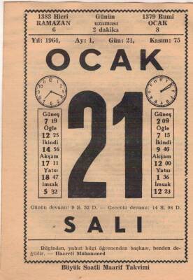 21 Ocak 1964 Takvim Yaprağı EFM(N)4544 - 1