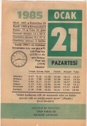 21 Ocak 1985 Takvim Yaprağı EFM(N)4791 - Gökçekoleksiyon