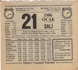 21 Ocak 1986 Takvim Yaprağı EFM(N)5039 - Gökçekoleksiyon