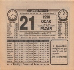 21 Ocak 1990 Takvim Yaprağı EFM(N)4698 - Gökçekoleksiyon