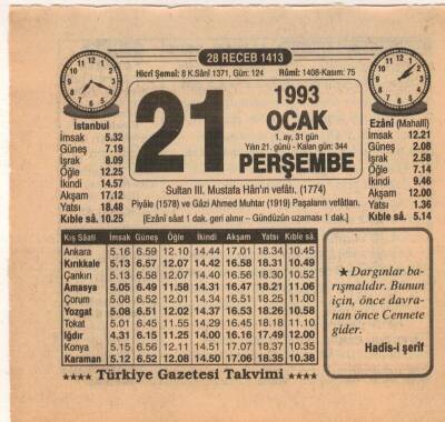 21 Ocak 1993 Takvim Yaprağı EFM(N)4853 - 1