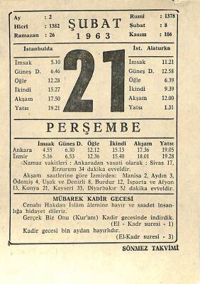 21 Şubat 1963 Takvim Yaprağı - Doğum Günü Hediyesi EFM(N)11291 - 1