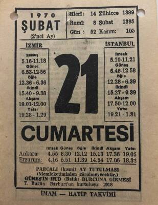 21 Şubat 1970 Takvim Yaprağı - Doğum Günü Hediyesi EFM(N)7771 - 1