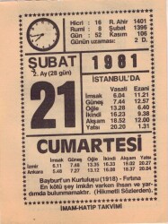21 Şubat 1981 Takvim Yaprağı EFM(N)5428 - Gökçekoleksiyon