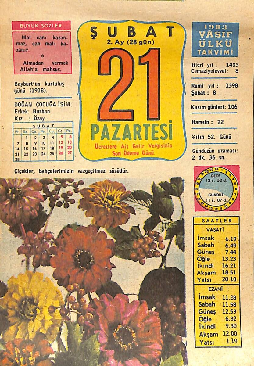 21 Şubat 1983 Takvim Yaprağı - Doğum Günü Hediyesi EFMN15058 - 1