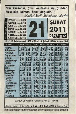 21 Şubat 2011 Takvim Yaprağı - Doğum Günü Hediyesi EFM(N)7574 - 1