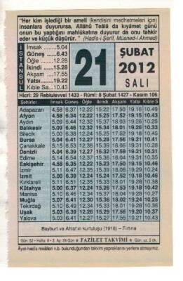 21 Şubat 2012 Takvim Yaprağı EFM(N)1862 - 3