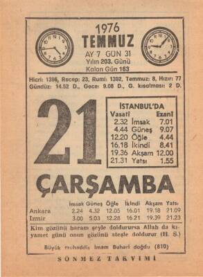 21 Temmuz 1976 Takvim Yaprağı EFM(N)2080 - 2