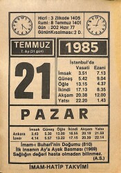 21 Temmuz 1985 Takvim Yaprağı - Doğum Günü Hediyesi EFMN15723 - Gökçekoleksiyon
