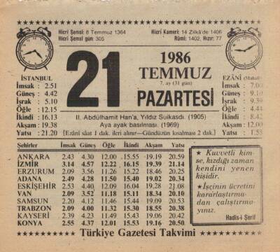 21 Temmuz 1986 Takvim Yaprağı EFM(N)2083 - 2