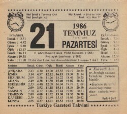 21 Temmuz 1986 Takvim Yaprağı EFM(N)2083 - 1