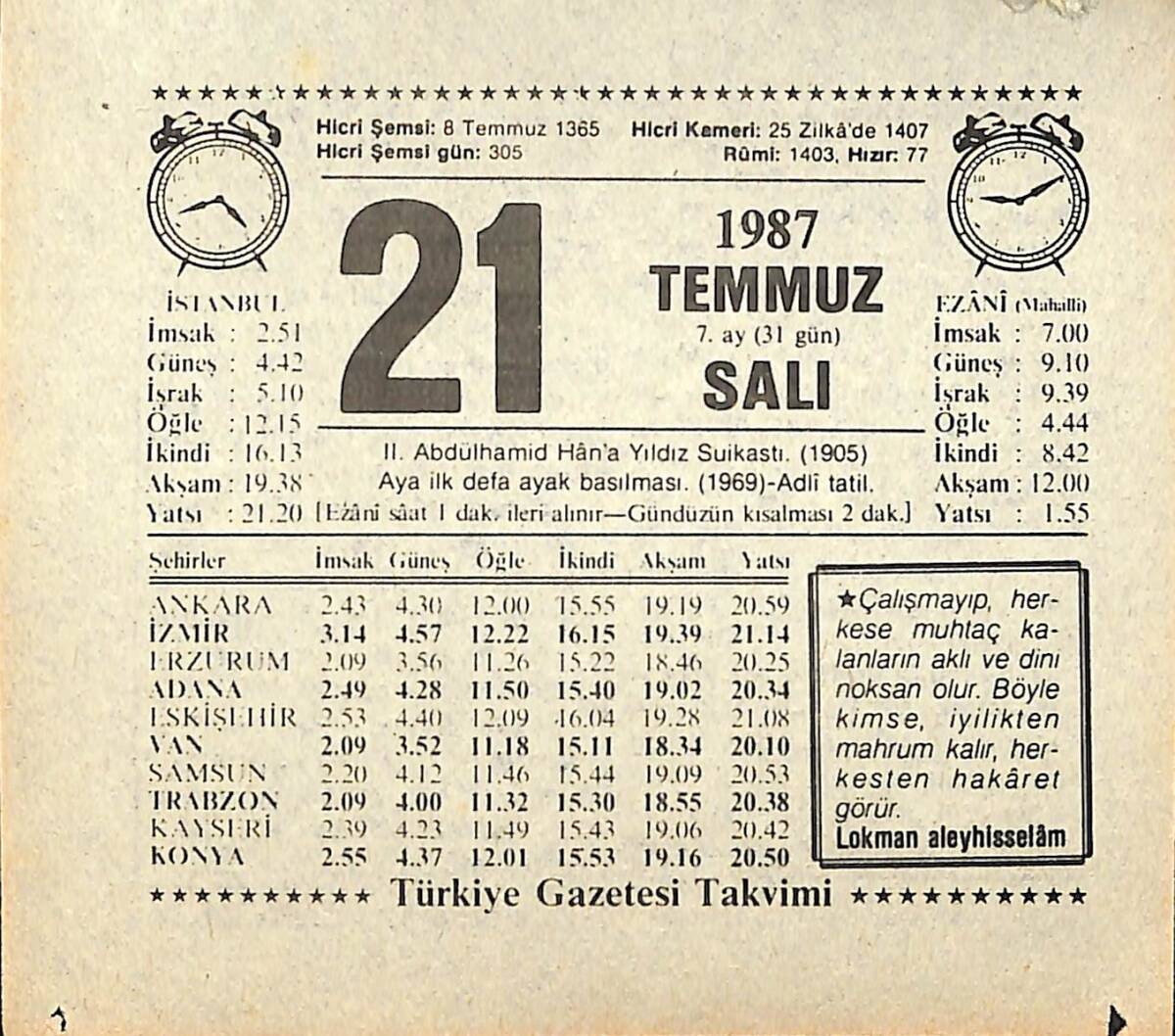 21 Temmuz 1987 Takvim Yaprağı - Doğum Günü Hediyesi EFMN13833 - 1