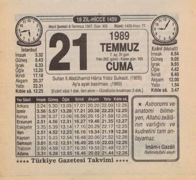 21 Temmuz 1989 Takvim Yaprağı EFM(N)2085 - 2