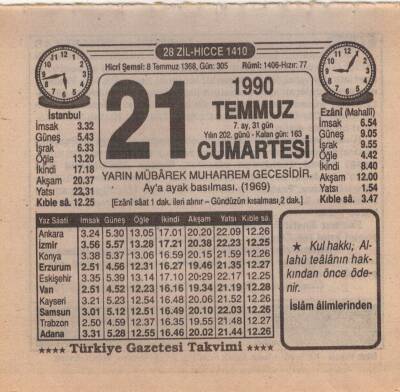 21 Temmuz 1990 Takvim Yaprağı EFM(N)2086 - 3