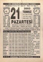 21 Temmuz 2003 Takvim Yaprağı - Doğum Günü Hediyesi EFMN15518 - Gökçekoleksiyon