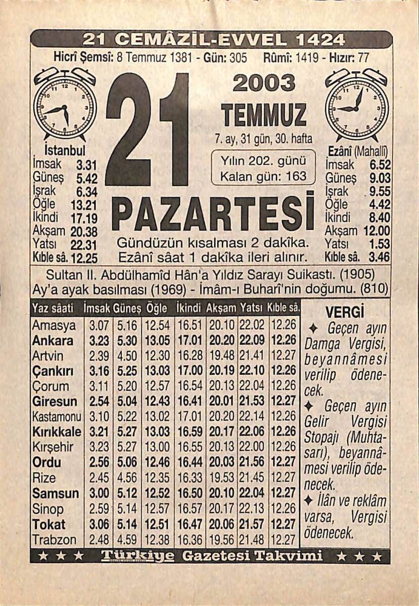 21 Temmuz 2003 Takvim Yaprağı - Doğum Günü Hediyesi EFMN15518 - 1