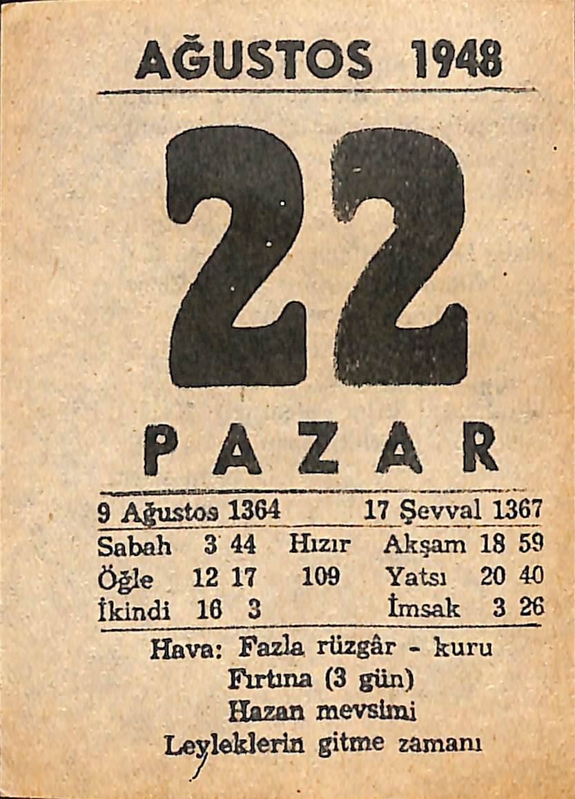 22 Ağustos 1948 Takvim Yaprağı - Doğum Günü Hediyesi EFMN14416 - 1