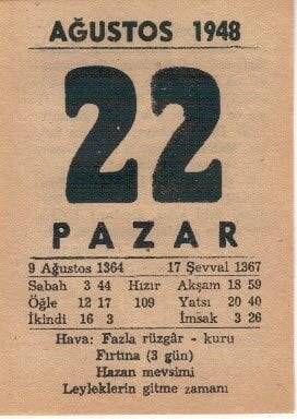 22 Ağustos 1948 Takvim Yaprağı EFM(N)1468 - 4