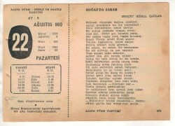 22 Ağustos 1960 Ajans Türk Takvim Yaprağı (Şiirli Saatli) EFM(N) 1700 - 3