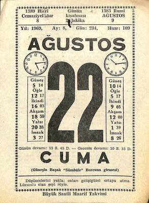 22 Ağustos 1969 Takvim Yaprağı - Doğum Günü Hediyesi EFM(N)11542 - 1