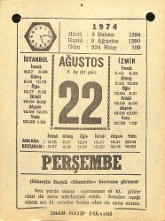 22 Ağustos 1974 Takvim Yaprağı - Doğum Günü Hediyesi EFM(N)12179 - Gökçekoleksiyon