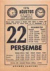 22 Ağustos 1974 Takvim Yaprağı EFM(N)2462 - 1