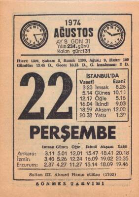 22 Ağustos 1974 Takvim Yaprağı EFM(N)2462 - 1