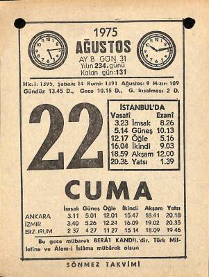 22 Ağustos 1975 Takvim Yaprağı - Doğum Günü Hediyesi EFM(N)9658 - 2