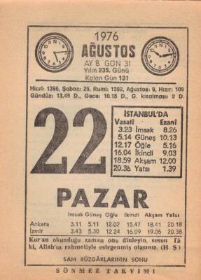 22 Ağustos 1976 Takvim Yaprağı EFM(N)2463 - 3