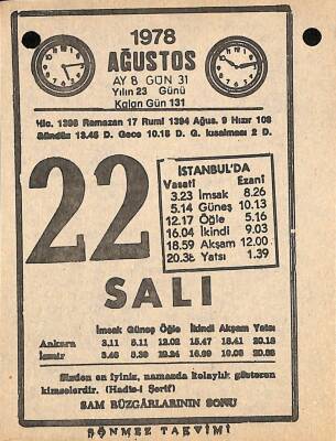 22 Ağustos 1978 Takvim Yaprağı - Doğum Günü Hediyesi EFM(N)9740 - 2