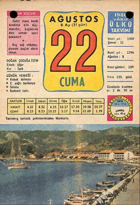 22 Ağustos 1980 Takvim Yaprağı - Doğum Günü Hediyesi EFM(N)9200 - 1