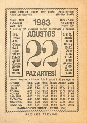 22 Ağustos 1983 Takvim Yaprağı - Doğum Günü Hediyesi EFMN15396 - Gökçekoleksiyon