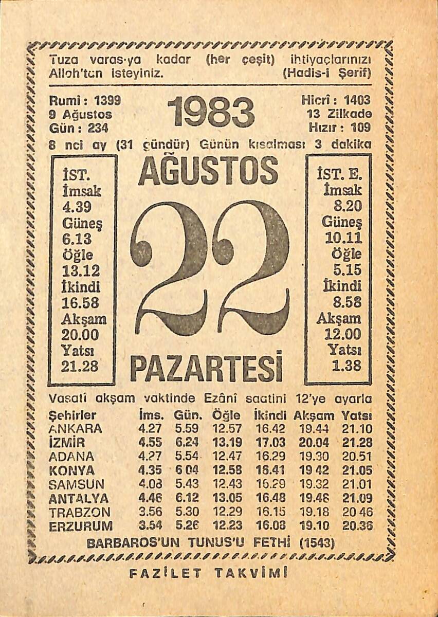 22 Ağustos 1983 Takvim Yaprağı - Doğum Günü Hediyesi EFMN15396 - 1