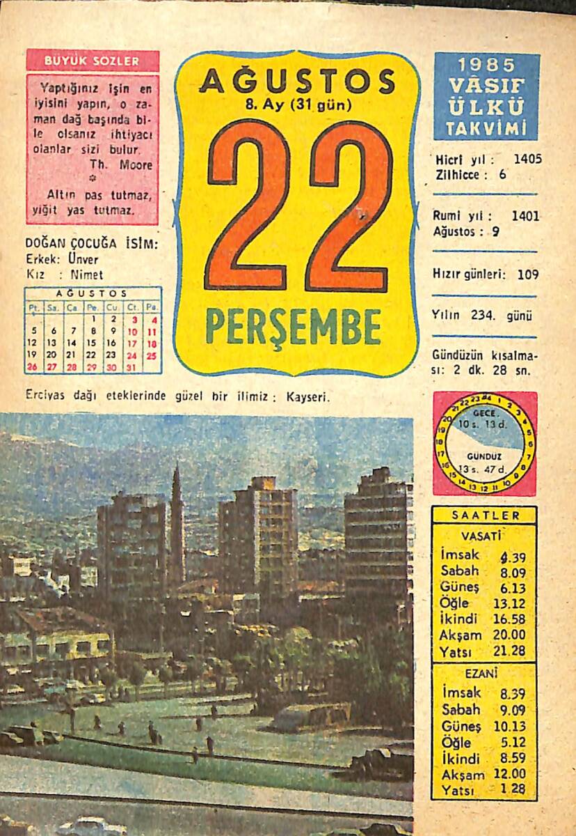 22 Ağustos 1985 Takvim Yaprağı - Doğum Günü Hediyesi EFMN13987 - 1