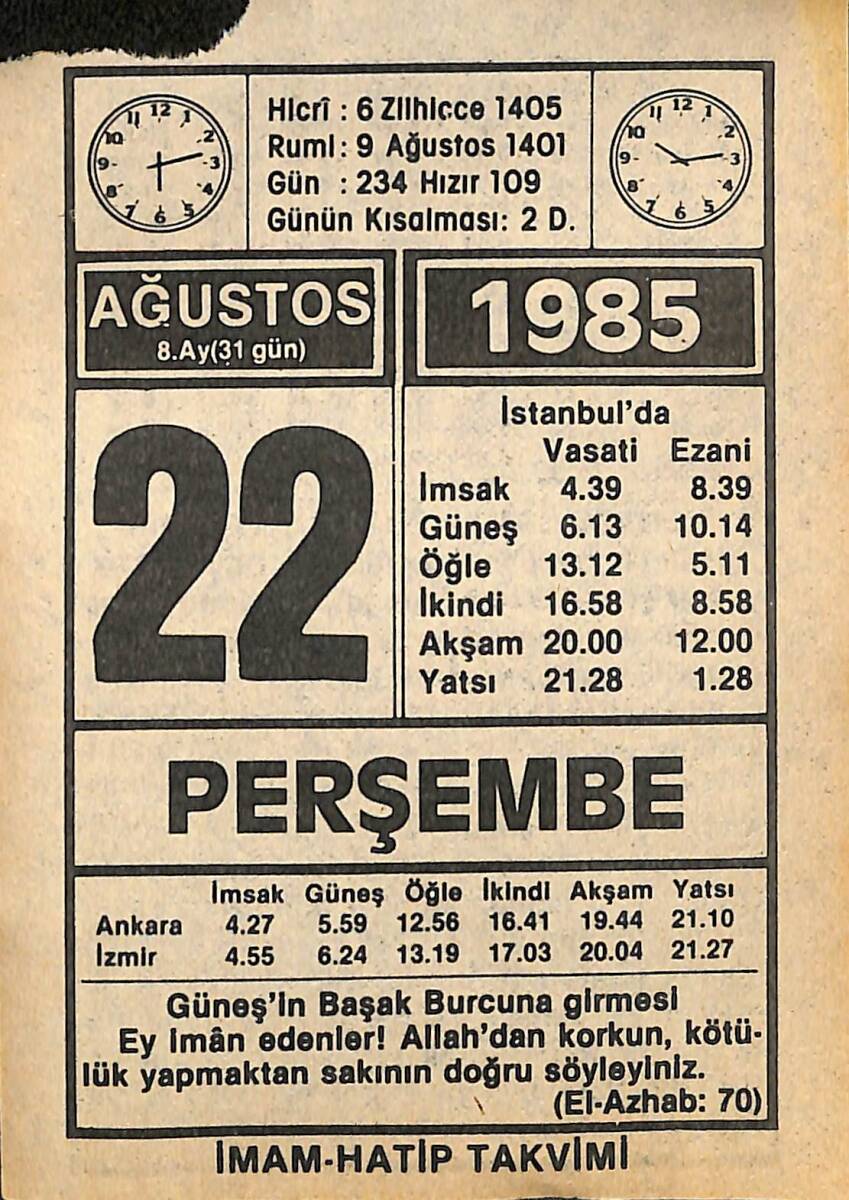 22 Ağustos 1985 Takvim Yaprağı - Doğum Günü Hediyesi EFMN15691 - 1