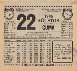 22 Ağustos 1986 Takvim Yaprağı EFM(N)2466 - 3