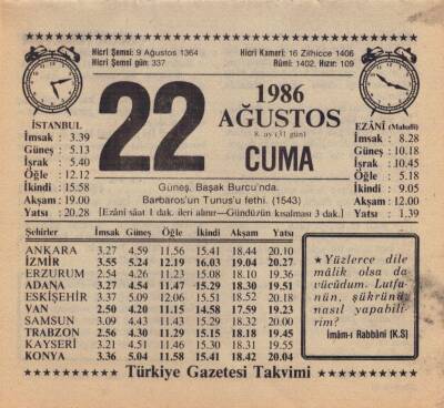 22 Ağustos 1986 Takvim Yaprağı EFM(N)2466 - 3