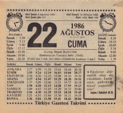 22 Ağustos 1986 Takvim Yaprağı EFM(N)2466 - 1