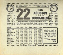 22 Ağustos 1987 Takvim Yaprağı - Doğum Günü Hediyesi EFMN13865 - Gökçekoleksiyon