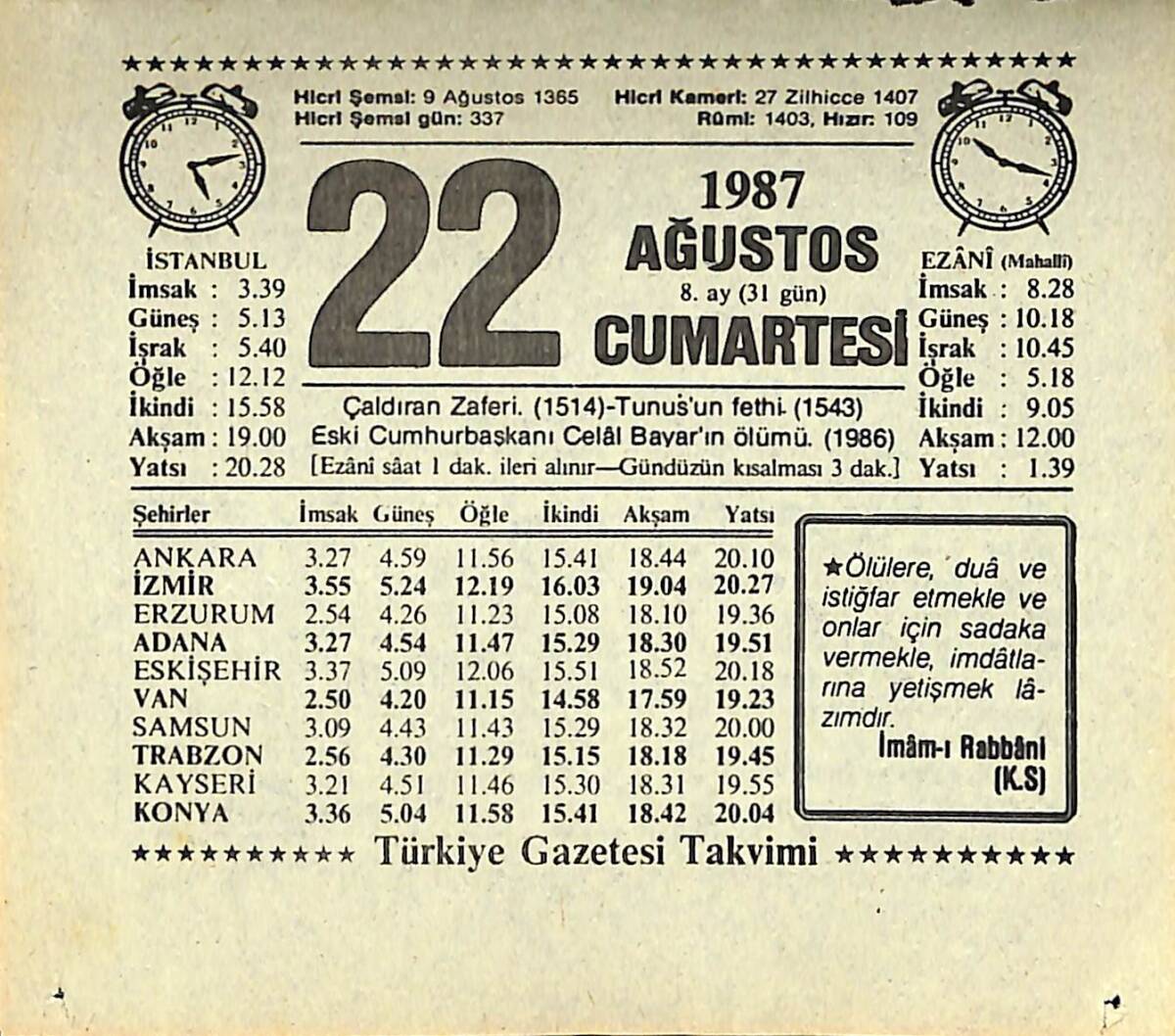 22 Ağustos 1987 Takvim Yaprağı - Doğum Günü Hediyesi EFMN13865 - 1