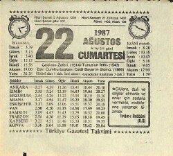 22 Ağustos 1987 Takvim Yaprağı - Doğum Günü Hediyesi EFMN13926 - Gökçekoleksiyon