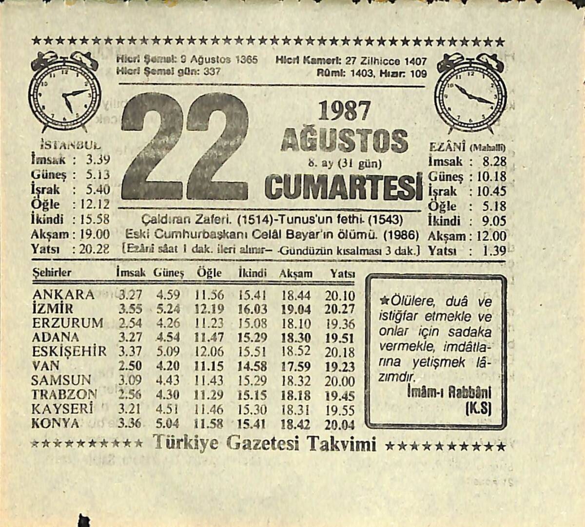 22 Ağustos 1987 Takvim Yaprağı - Doğum Günü Hediyesi EFMN13926 - 1