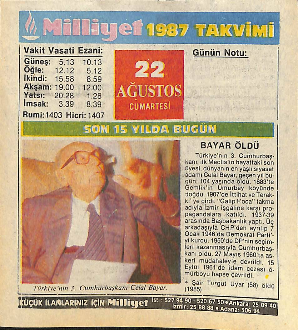 22 Ağustos 1987 Takvim Yaprağı - Doğum Günü Hediyesi EFMN14096 - 1